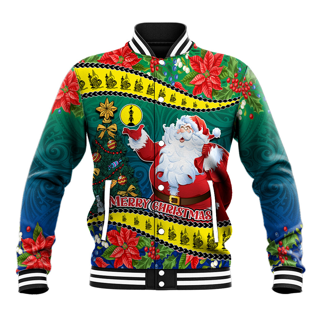 New Caledonia Christmas Baseball Jacket Santa Claus and Kanak Flag Mix Poinsettia Maori Pattern LT03 Unisex Green - Polynesian Pride