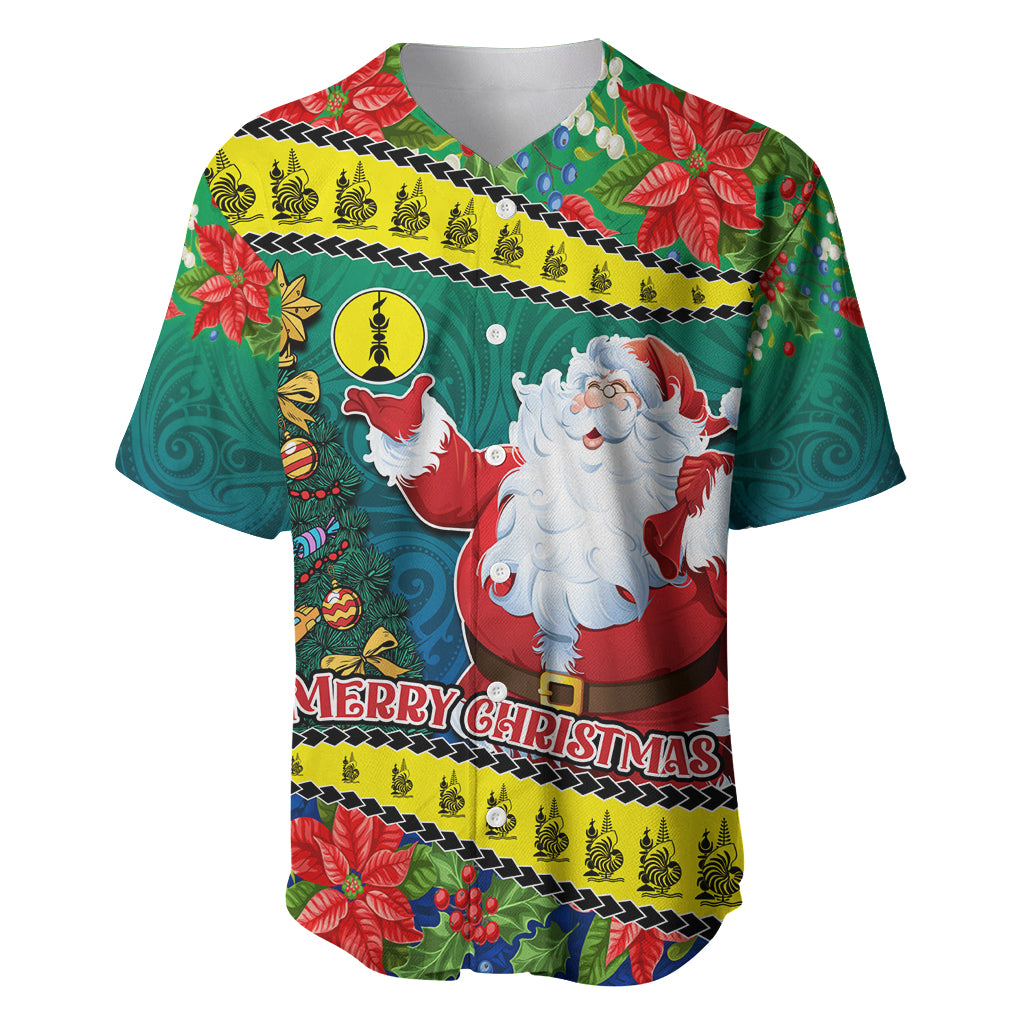 New Caledonia Christmas Baseball Jersey Santa Claus and Kanak Flag Mix Poinsettia Maori Pattern LT03 Green - Polynesian Pride