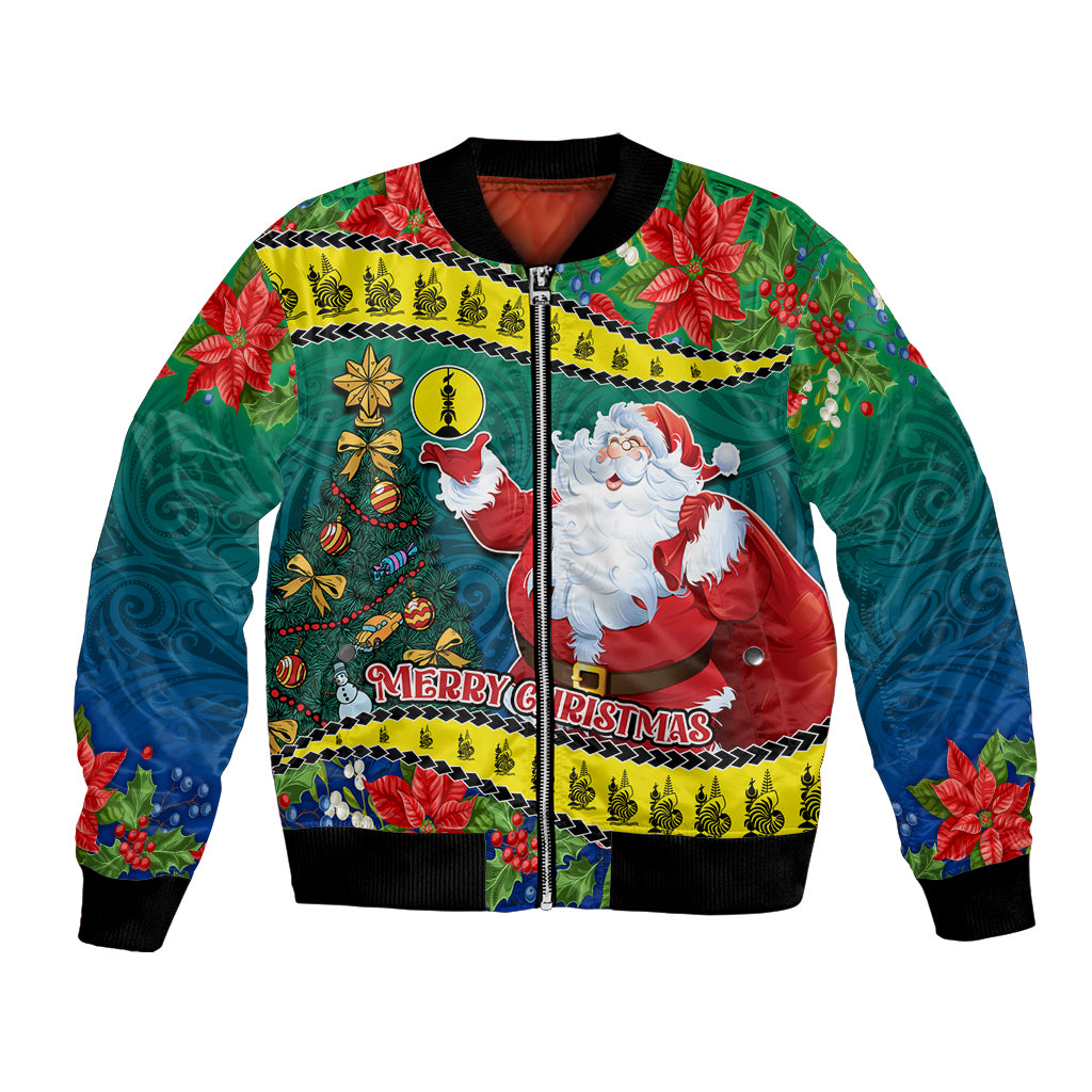 New Caledonia Christmas Bomber Jacket Santa Claus and Kanak Flag Mix Poinsettia Maori Pattern LT03 Unisex Green - Polynesian Pride