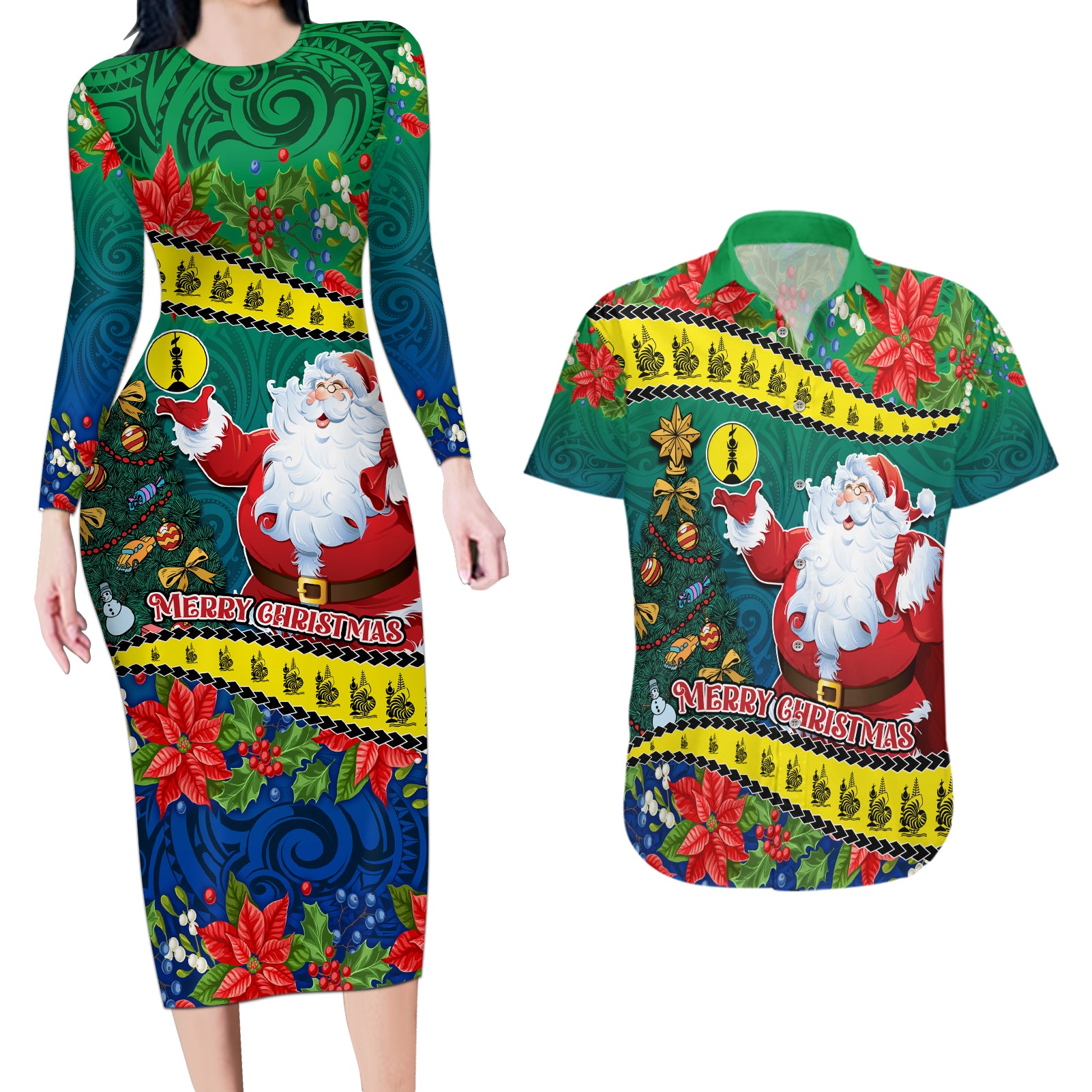 New Caledonia Christmas Couples Matching Long Sleeve Bodycon Dress and Hawaiian Shirt Santa Claus and Kanak Flag Mix Poinsettia Maori Pattern LT03 Green - Polynesian Pride