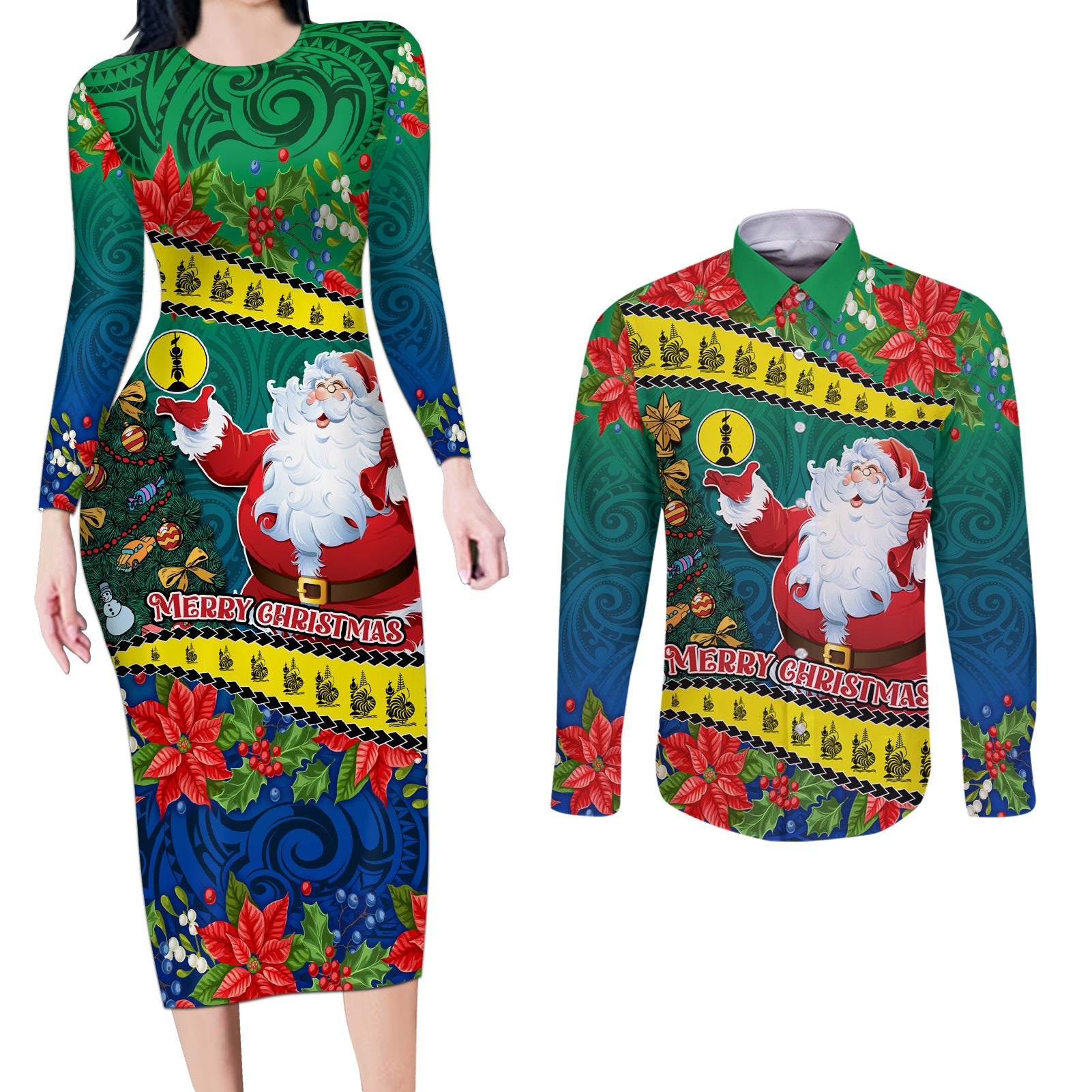 New Caledonia Christmas Couples Matching Long Sleeve Bodycon Dress and Long Sleeve Button Shirt Santa Claus and Kanak Flag Mix Poinsettia Maori Pattern LT03 Green - Polynesian Pride