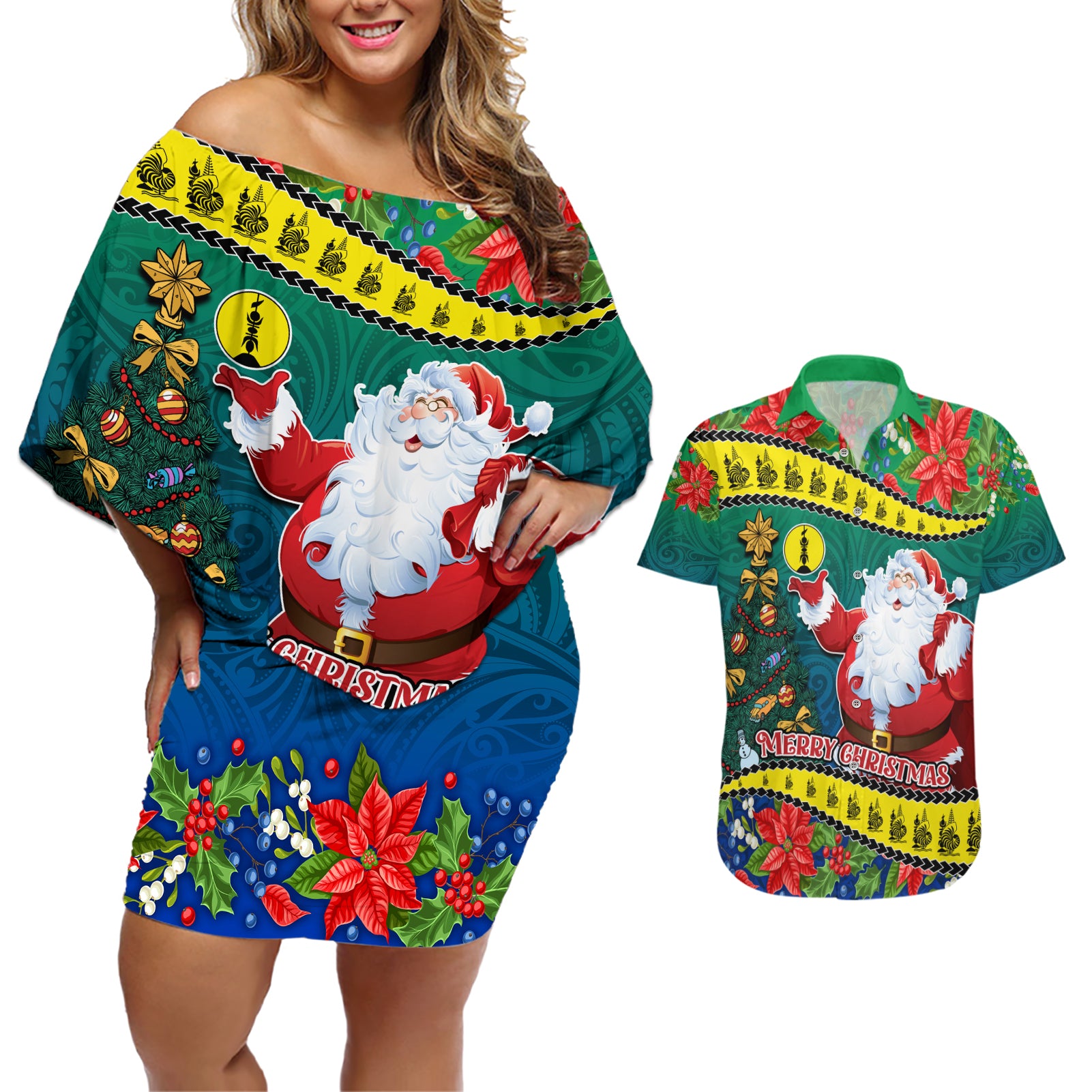 New Caledonia Christmas Couples Matching Off Shoulder Short Dress and Hawaiian Shirt Santa Claus and Kanak Flag Mix Poinsettia Maori Pattern LT03 Green - Polynesian Pride