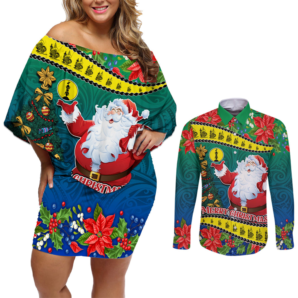 New Caledonia Christmas Couples Matching Off Shoulder Short Dress and Long Sleeve Button Shirt Santa Claus and Kanak Flag Mix Poinsettia Maori Pattern LT03 Green - Polynesian Pride