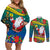 New Caledonia Christmas Couples Matching Off Shoulder Short Dress and Long Sleeve Button Shirt Santa Claus and Kanak Flag Mix Poinsettia Maori Pattern LT03 Green - Polynesian Pride