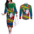 New Caledonia Christmas Couples Matching Off The Shoulder Long Sleeve Dress and Long Sleeve Button Shirt Santa Claus and Kanak Flag Mix Poinsettia Maori Pattern LT03 Green - Polynesian Pride