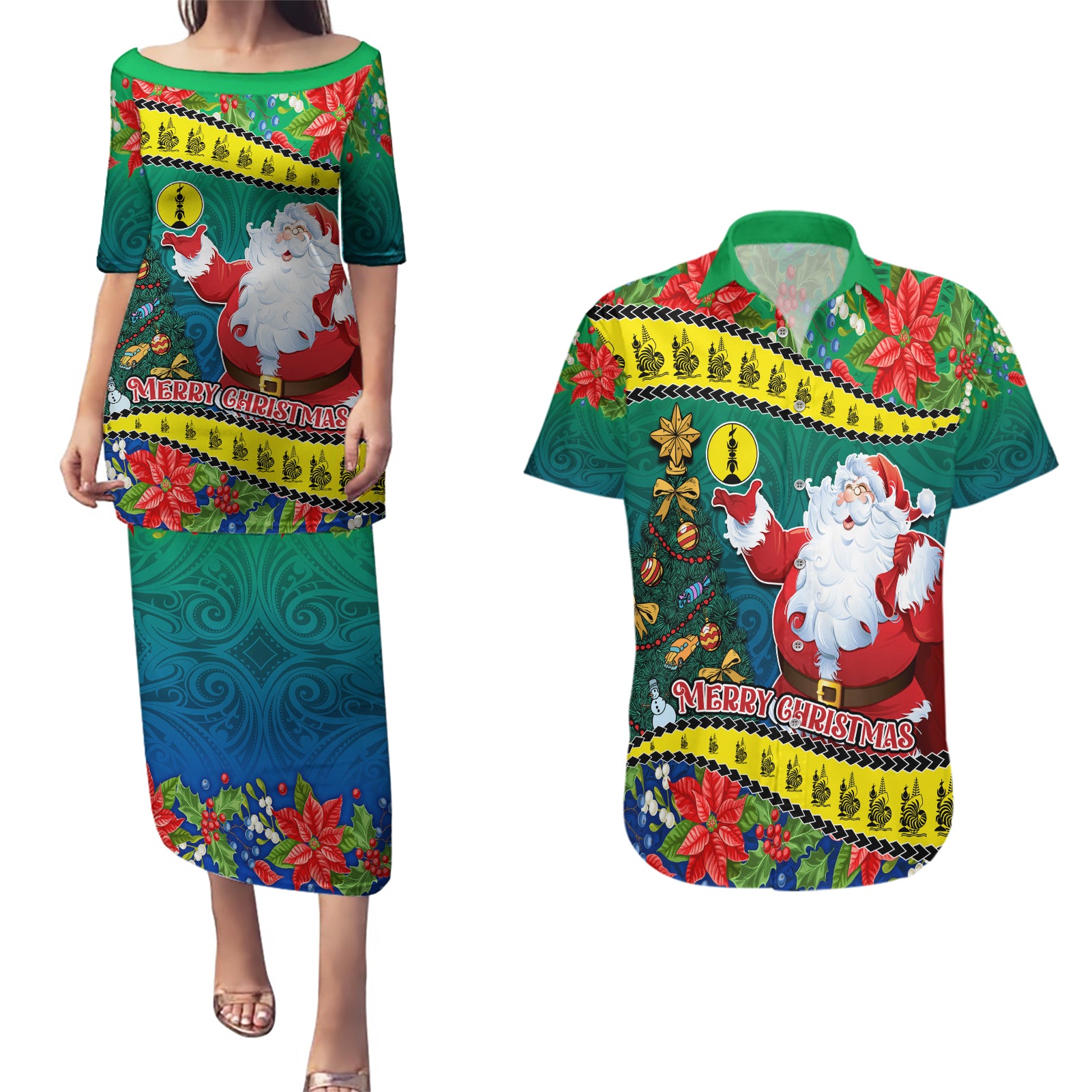 New Caledonia Christmas Couples Matching Puletasi Dress and Hawaiian Shirt Santa Claus and Kanak Flag Mix Poinsettia Maori Pattern LT03 Green - Polynesian Pride