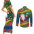 New Caledonia Christmas Couples Matching Short Sleeve Bodycon Dress and Long Sleeve Button Shirt Santa Claus and Kanak Flag Mix Poinsettia Maori Pattern LT03 - Polynesian Pride