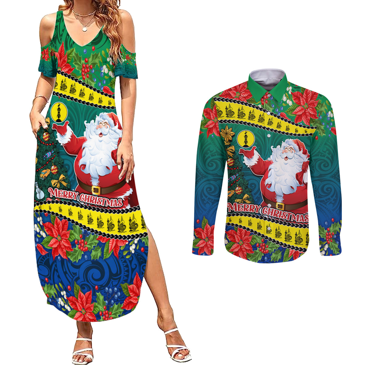 New Caledonia Christmas Couples Matching Summer Maxi Dress and Long Sleeve Button Shirt Santa Claus and Kanak Flag Mix Poinsettia Maori Pattern LT03 Green - Polynesian Pride