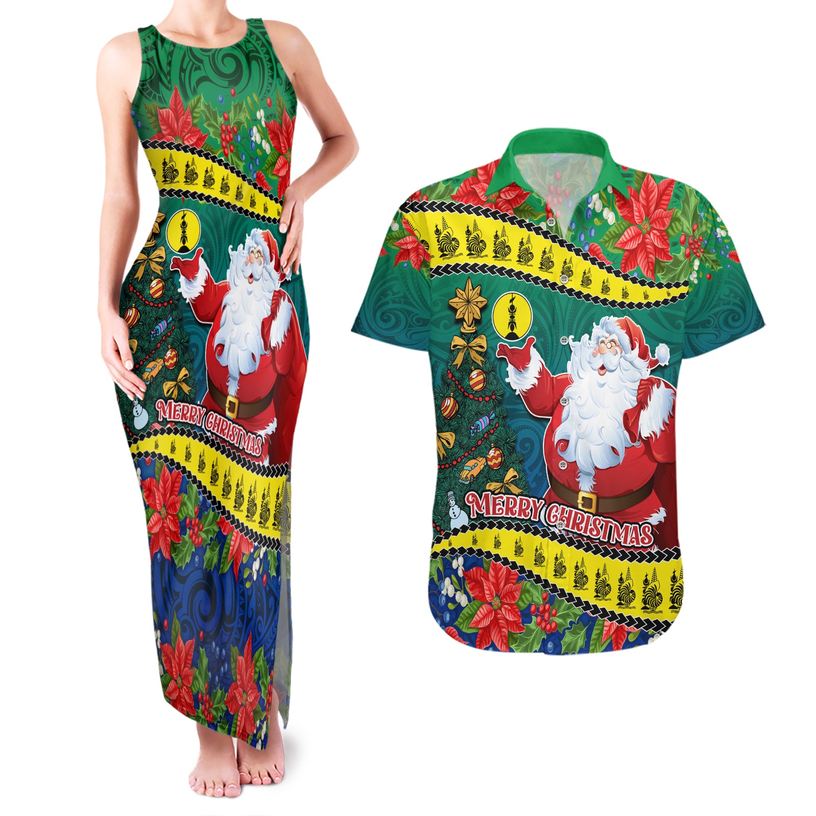 New Caledonia Christmas Couples Matching Tank Maxi Dress and Hawaiian Shirt Santa Claus and Kanak Flag Mix Poinsettia Maori Pattern LT03 Green - Polynesian Pride