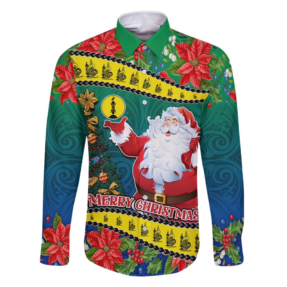 New Caledonia Christmas Family Matching Off Shoulder Long Sleeve Dress and Hawaiian Shirt Santa Claus and Kanak Flag Mix Poinsettia Maori Pattern LT03 Dad's Shirt - Long Sleeve Green - Polynesian Pride