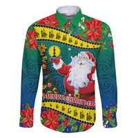 New Caledonia Christmas Family Matching Off Shoulder Long Sleeve Dress and Hawaiian Shirt Santa Claus and Kanak Flag Mix Poinsettia Maori Pattern LT03 Dad's Shirt - Long Sleeve Green - Polynesian Pride
