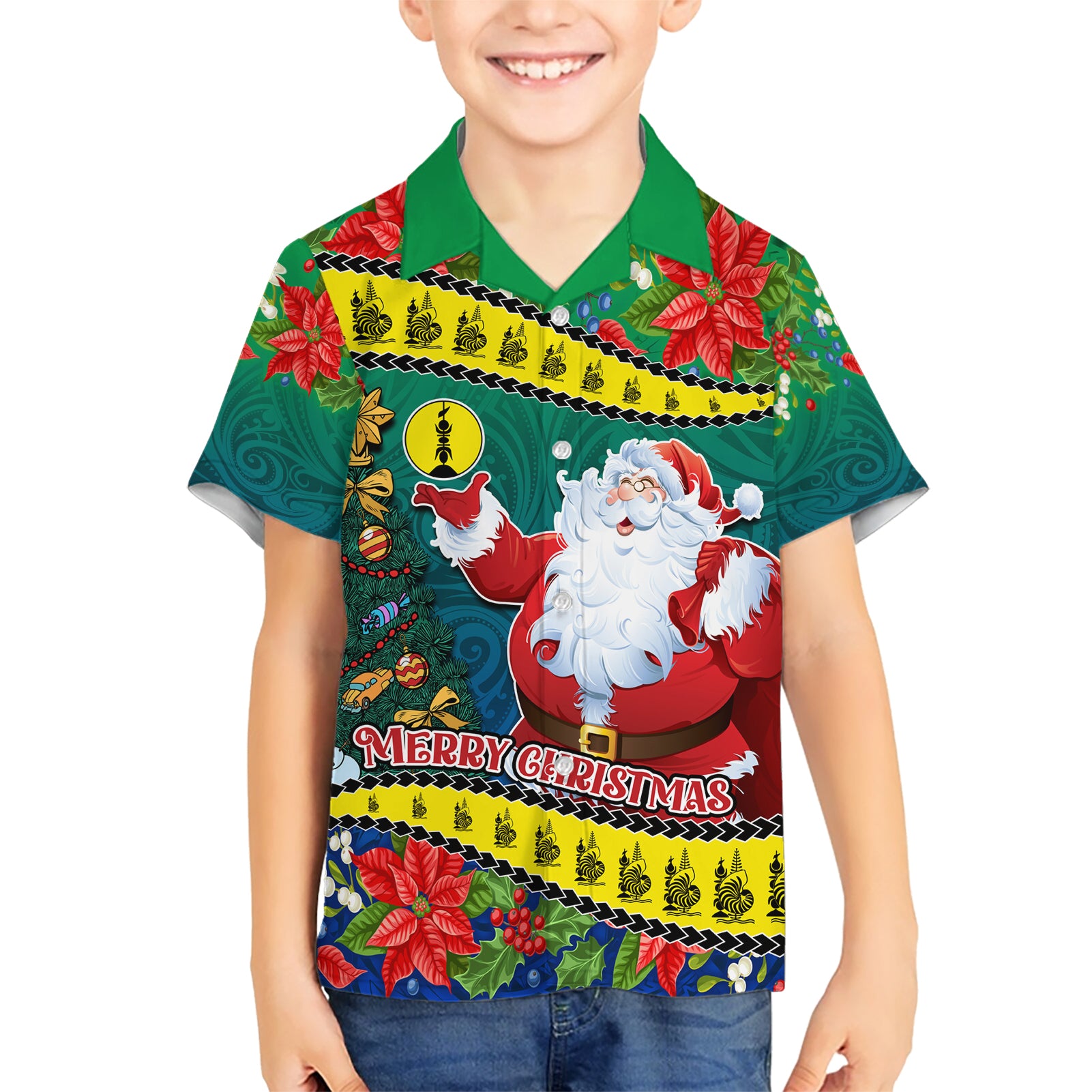 New Caledonia Christmas Kid Hawaiian Shirt Santa Claus and Kanak Flag Mix Poinsettia Maori Pattern LT03 Kid Green - Polynesian Pride