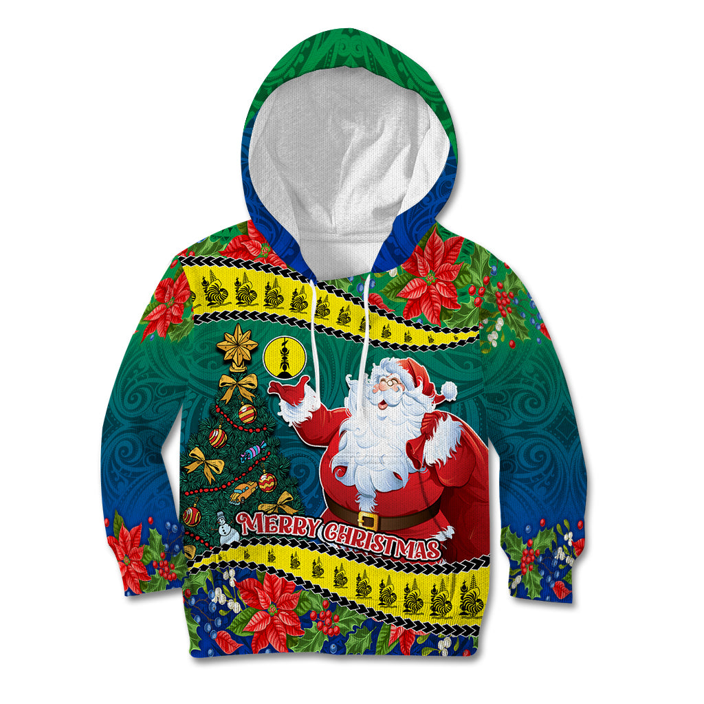 New Caledonia Christmas Kid Hoodie Santa Claus and Kanak Flag Mix Poinsettia Maori Pattern LT03 Hoodie Green - Polynesian Pride