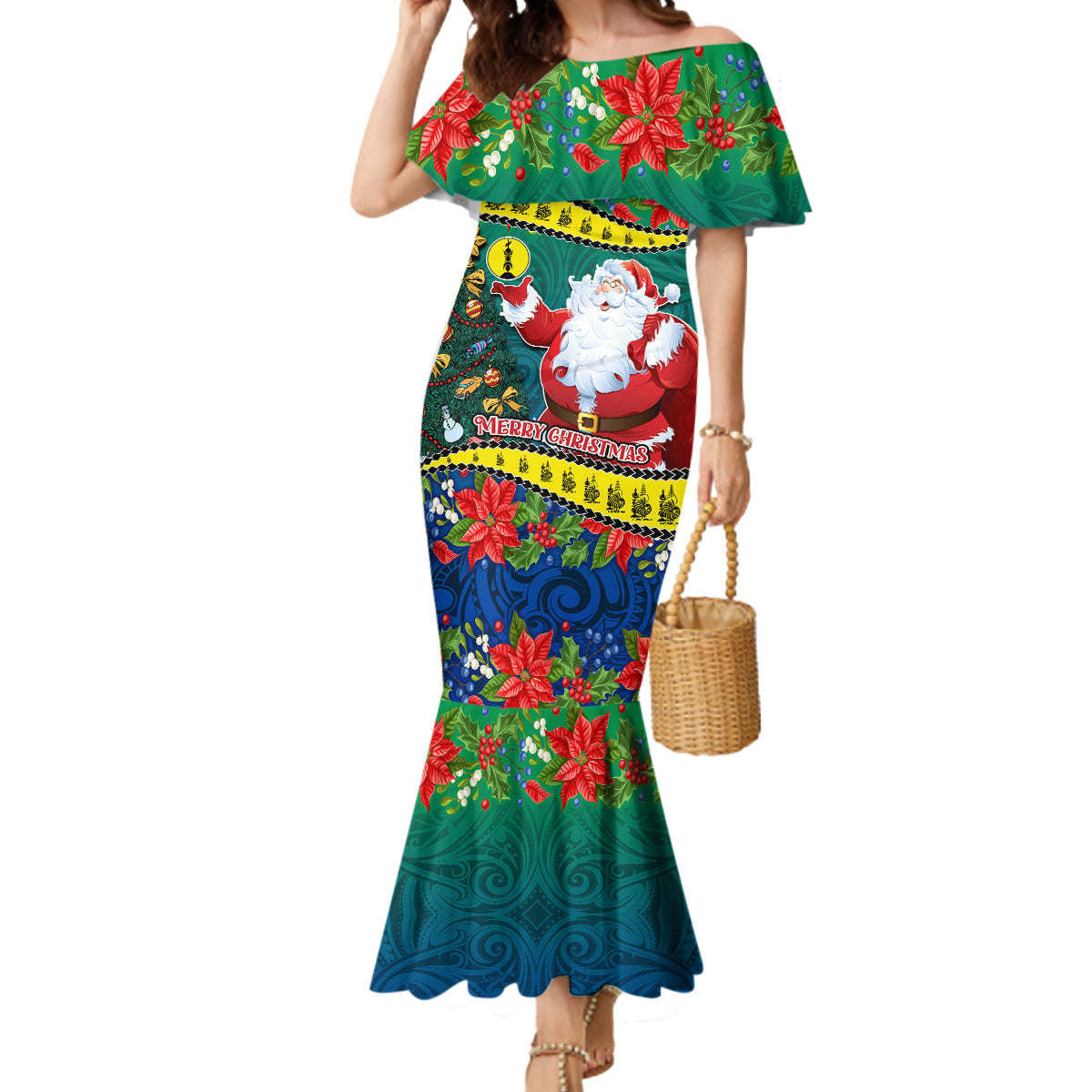 New Caledonia Christmas Mermaid Dress Santa Claus and Kanak Flag Mix Poinsettia Maori Pattern LT03 Women Green - Polynesian Pride