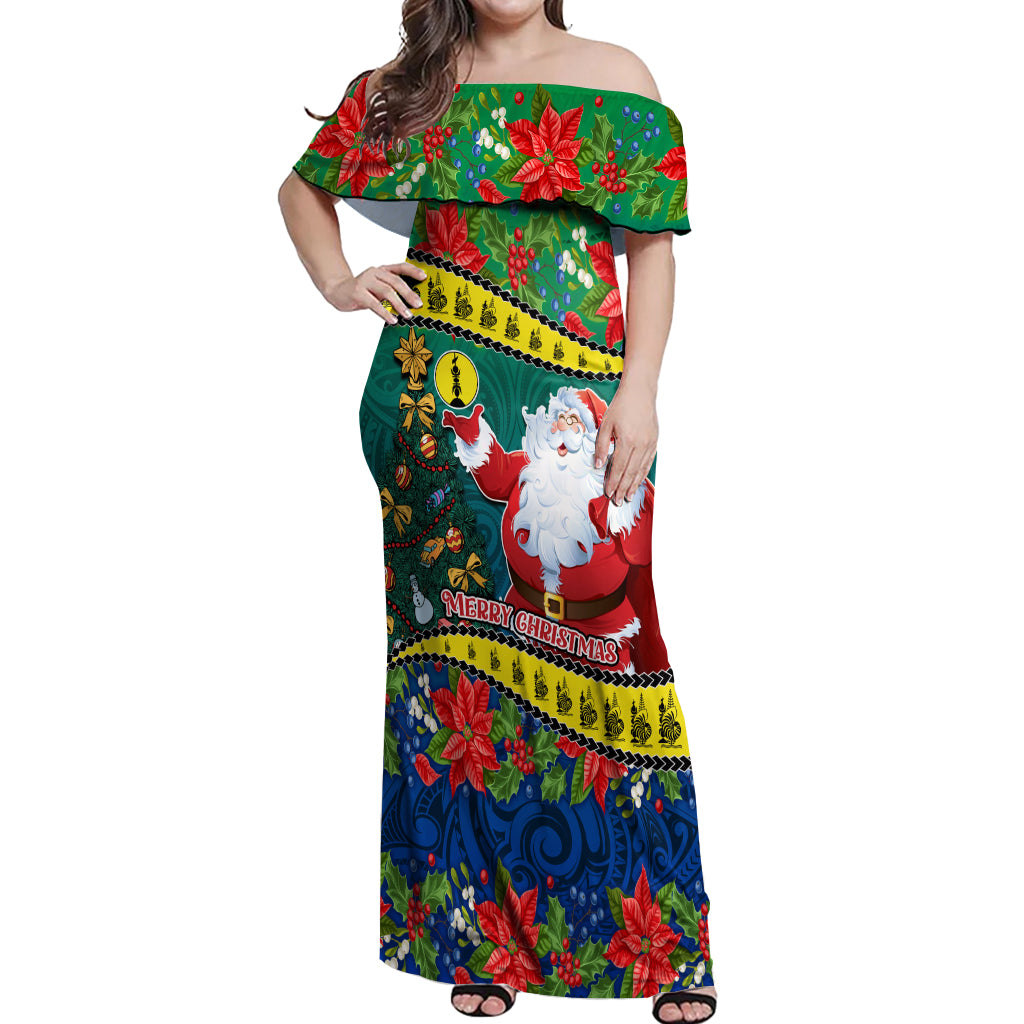 New Caledonia Christmas Off Shoulder Maxi Dress Santa Claus and Kanak Flag Mix Poinsettia Maori Pattern LT03 Women Green - Polynesian Pride