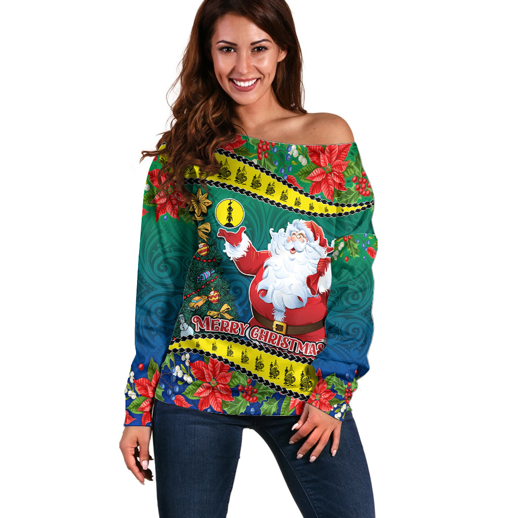 New Caledonia Christmas Off Shoulder Sweater Santa Claus and Kanak Flag Mix Poinsettia Maori Pattern LT03 Women Green - Polynesian Pride