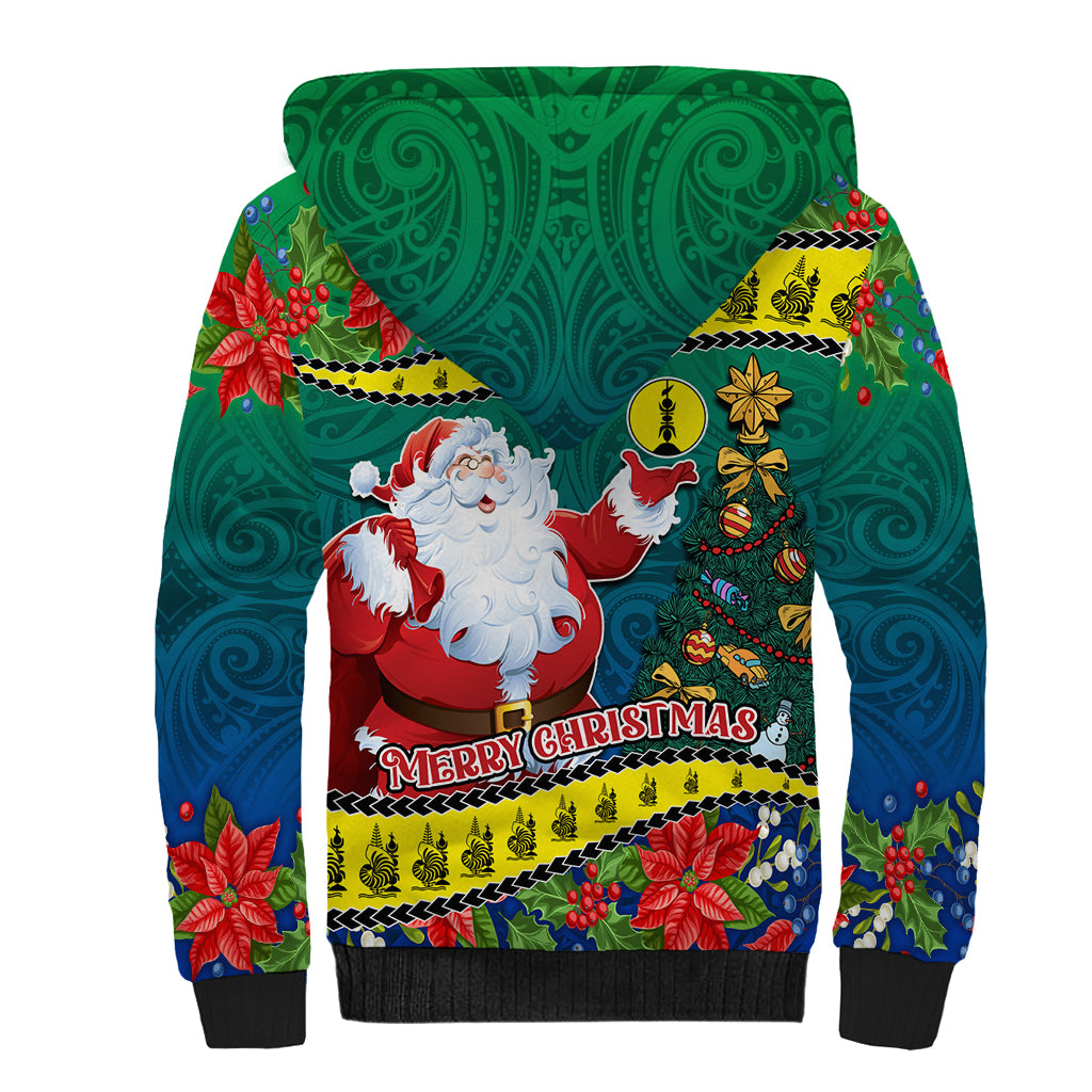 New Caledonia Christmas Sherpa Hoodie Santa Claus and Kanak Flag Mix Poinsettia Maori Pattern LT03 - Polynesian Pride