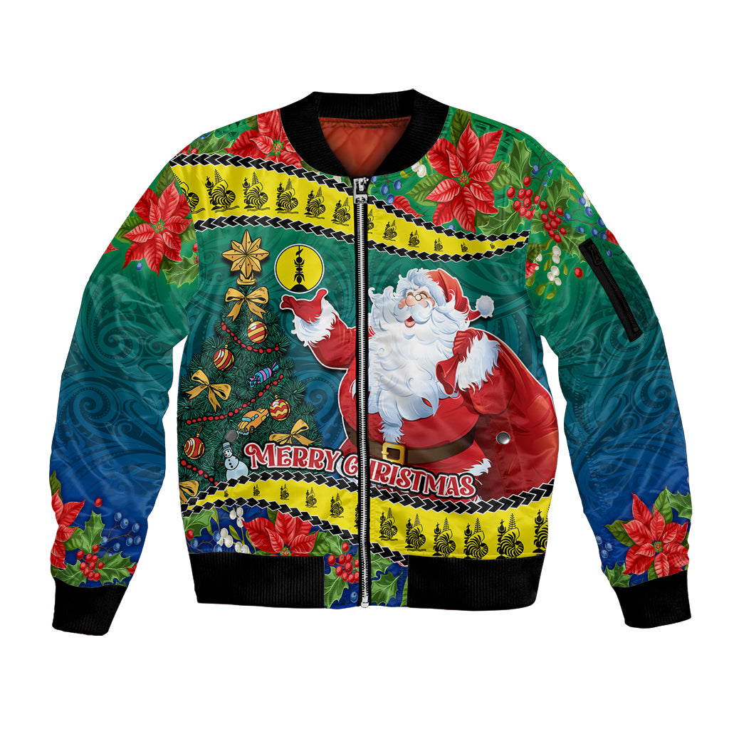 New Caledonia Christmas Sleeve Zip Bomber Jacket Santa Claus and Kanak Flag Mix Poinsettia Maori Pattern LT03 Unisex Green - Polynesian Pride