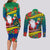 Personalised New Caledonia Christmas Couples Matching Long Sleeve Bodycon Dress and Long Sleeve Button Shirt Santa Claus and Kanak Flag Mix Poinsettia Maori Pattern LT03 - Polynesian Pride