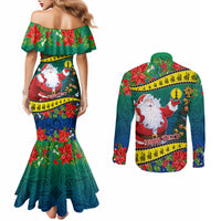 Personalised New Caledonia Christmas Couples Matching Mermaid Dress and Long Sleeve Button Shirt Santa Claus and Kanak Flag Mix Poinsettia Maori Pattern LT03 - Polynesian Pride