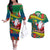 Personalised New Caledonia Christmas Couples Matching Off The Shoulder Long Sleeve Dress and Hawaiian Shirt Santa Claus and Kanak Flag Mix Poinsettia Maori Pattern LT03 Green - Polynesian Pride