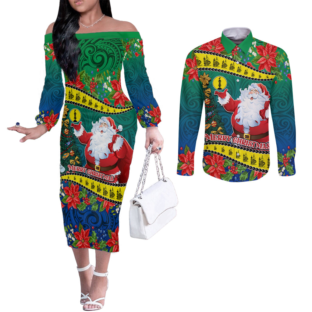 Personalised New Caledonia Christmas Couples Matching Off The Shoulder Long Sleeve Dress and Long Sleeve Button Shirt Santa Claus and Kanak Flag Mix Poinsettia Maori Pattern LT03 Green - Polynesian Pride