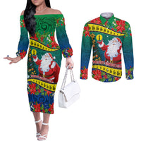 Personalised New Caledonia Christmas Couples Matching Off The Shoulder Long Sleeve Dress and Long Sleeve Button Shirt Santa Claus and Kanak Flag Mix Poinsettia Maori Pattern LT03 Green - Polynesian Pride