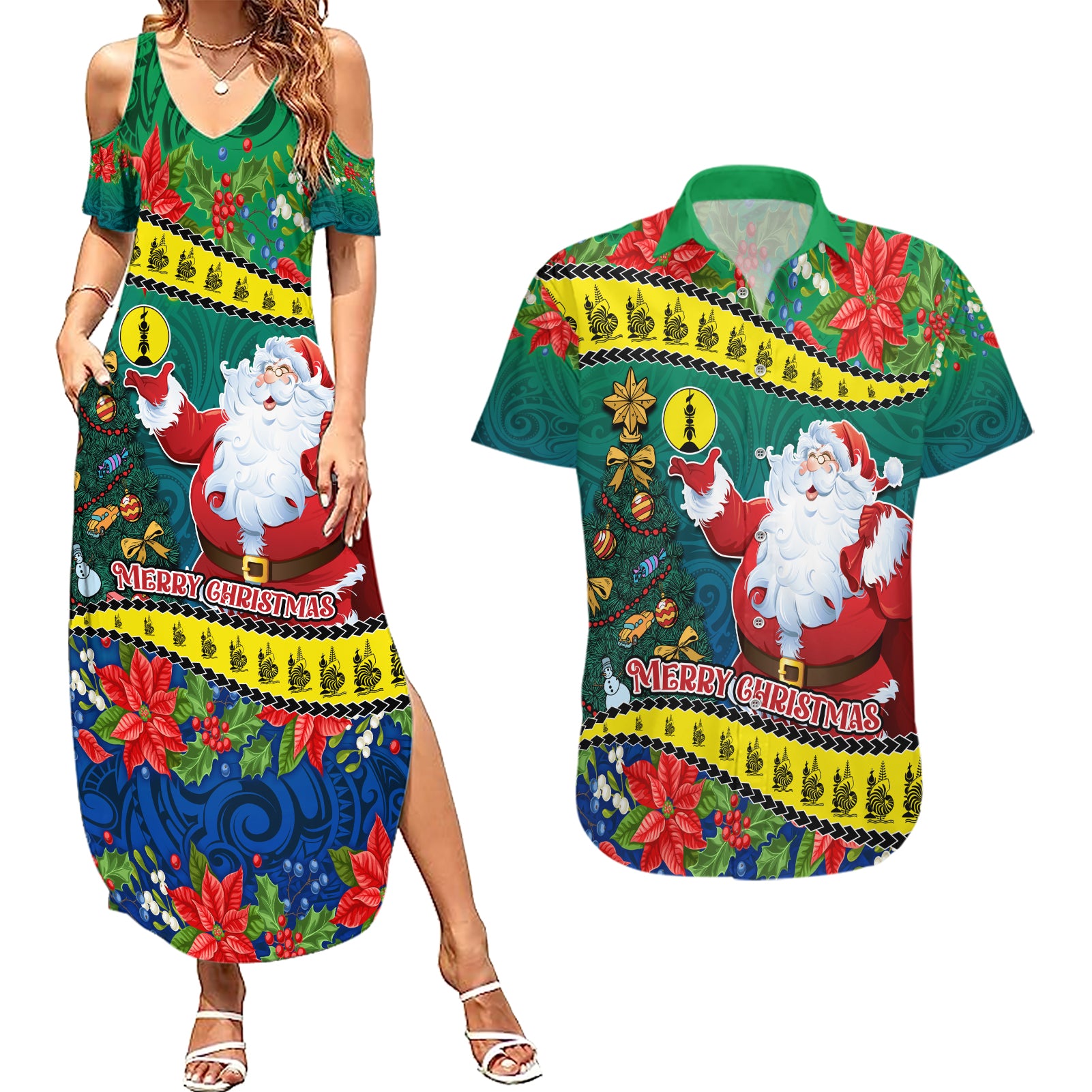 Personalised New Caledonia Christmas Couples Matching Summer Maxi Dress and Hawaiian Shirt Santa Claus and Kanak Flag Mix Poinsettia Maori Pattern LT03 Green - Polynesian Pride