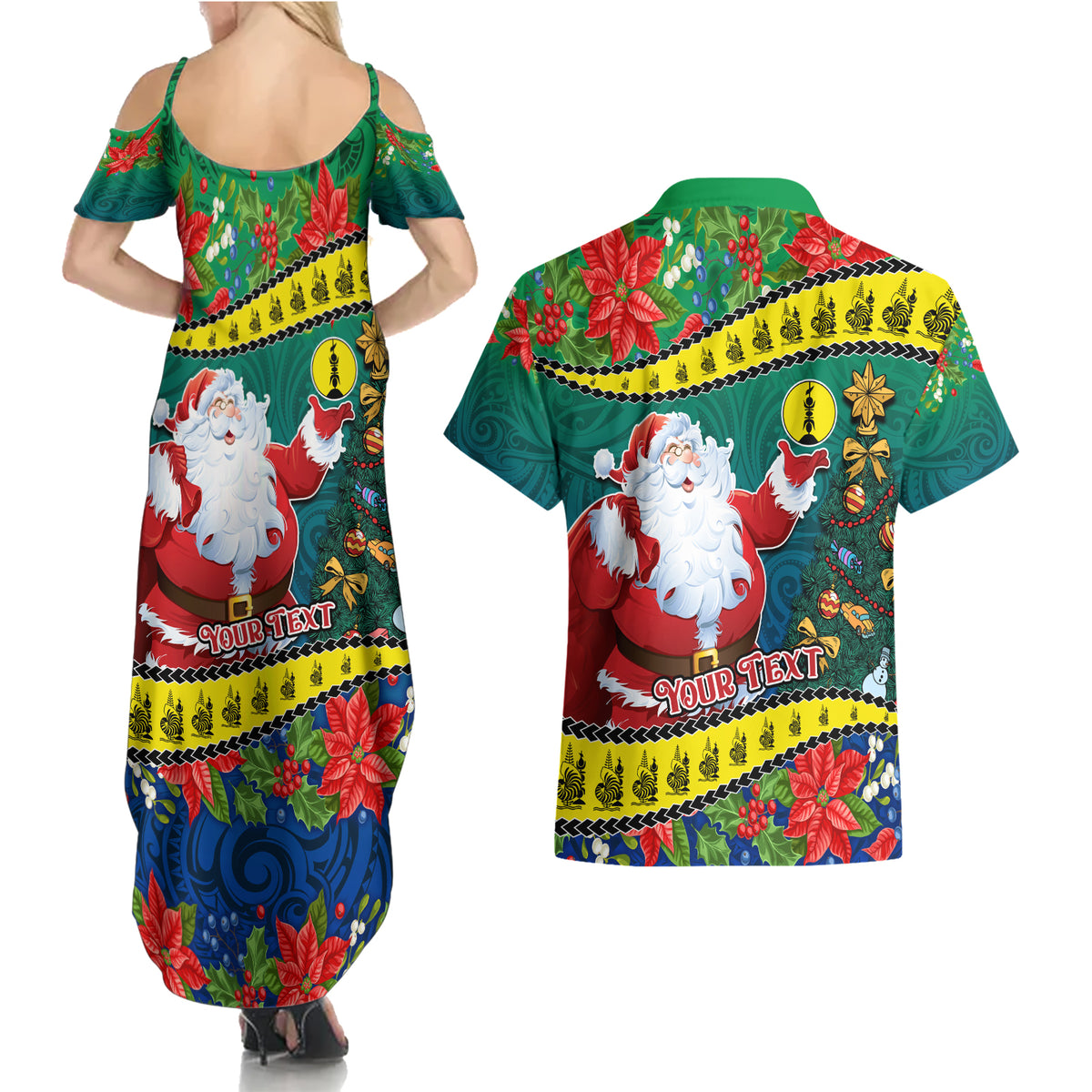 Personalised New Caledonia Christmas Couples Matching Summer Maxi Dress and Hawaiian Shirt Santa Claus and Kanak Flag Mix Poinsettia Maori Pattern LT03 - Polynesian Pride