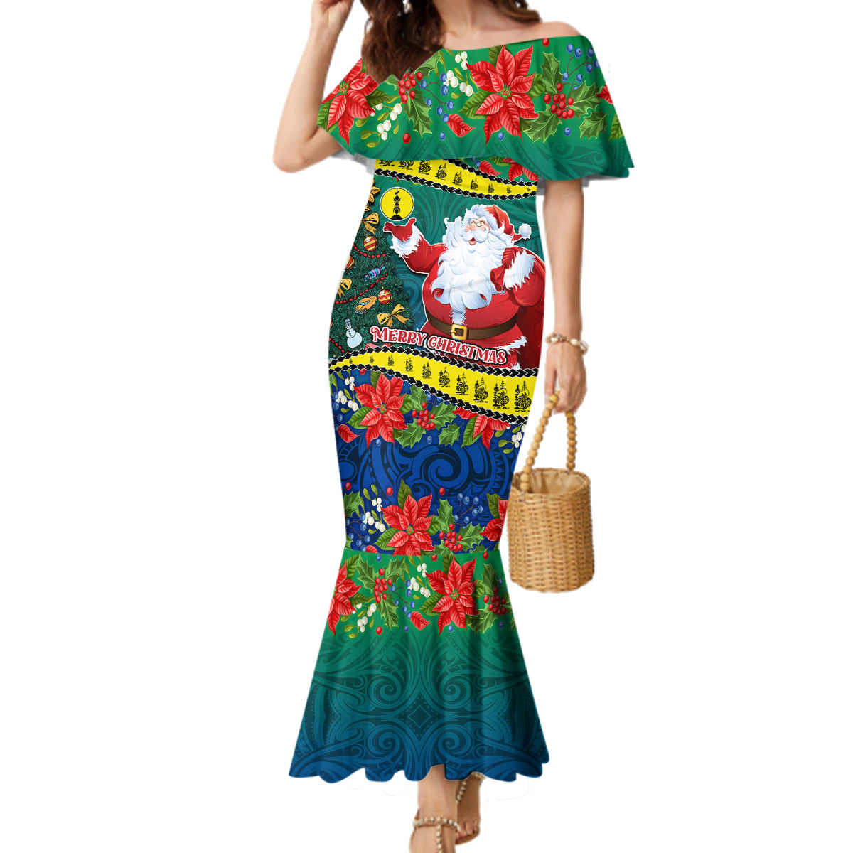 Personalised New Caledonia Christmas Family Matching Mermaid Dress and Hawaiian Shirt Santa Claus and Kanak Flag Mix Poinsettia Maori Pattern LT03 Mom's Dress Green - Polynesian Pride