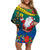 Personalised New Caledonia Christmas Family Matching Off Shoulder Short Dress and Hawaiian Shirt Santa Claus and Kanak Flag Mix Poinsettia Maori Pattern LT03 Mom's Dress Green - Polynesian Pride