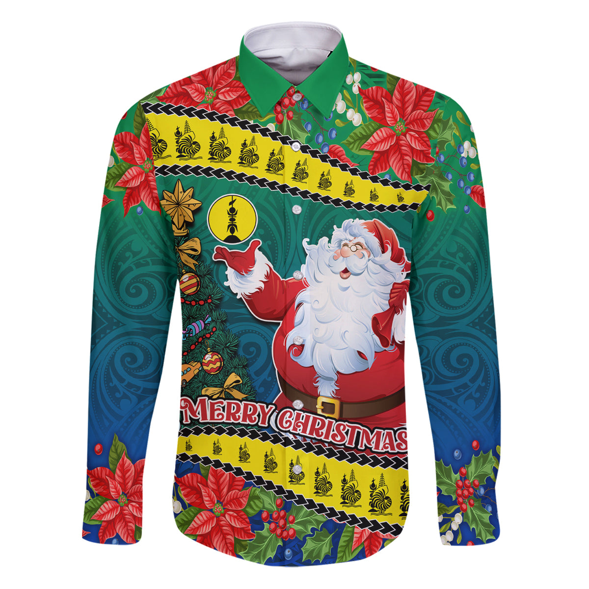 Personalised New Caledonia Christmas Family Matching Puletasi Dress and Hawaiian Shirt Santa Claus and Kanak Flag Mix Poinsettia Maori Pattern LT03 Dad's Shirt - Long Sleeve Green - Polynesian Pride