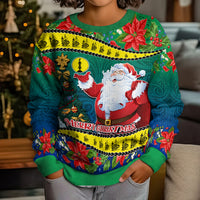 Personalised New Caledonia Christmas Kid Ugly Christmas Sweater Santa Claus and Kanak Flag Mix Poinsettia Maori Pattern LT03 - Polynesian Pride