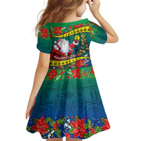 Personalised New Caledonia Christmas Kid Short Sleeve Dress Santa Claus and Kanak Flag Mix Poinsettia Maori Pattern LT03 - Polynesian Pride