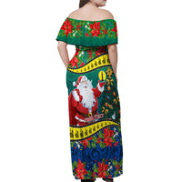 Personalised New Caledonia Christmas Off Shoulder Maxi Dress Santa Claus and Kanak Flag Mix Poinsettia Maori Pattern LT03 - Polynesian Pride