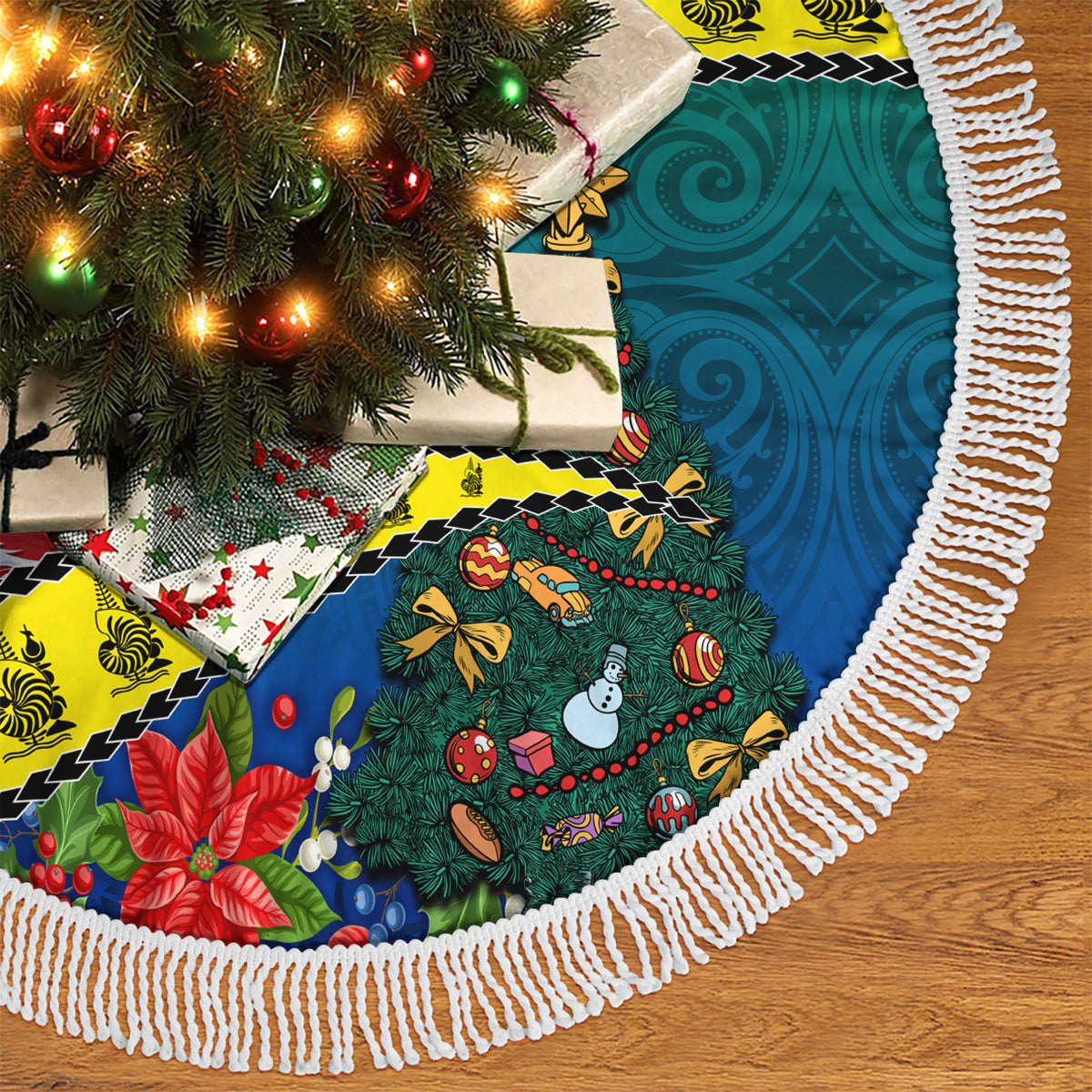 Personalised New Caledonia Christmas Tree Skirt Santa Claus and Kanak Flag Mix Poinsettia Maori Pattern LT03 - Polynesian Pride