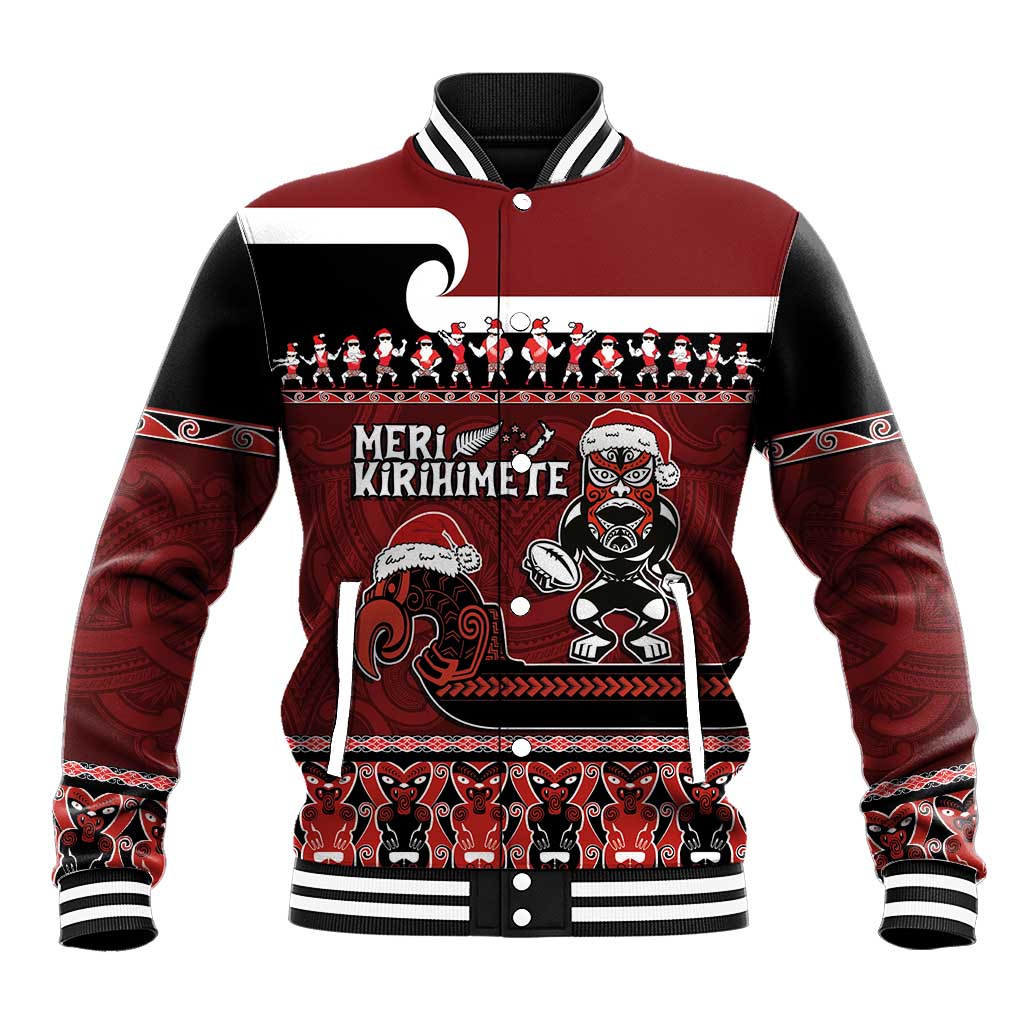 New Zealand Christmas Baseball Jacket Meri Kirihimete Aotearoa Warrior on Waka with Maori Art Tattoo LT03 Unisex Red - Polynesian Pride