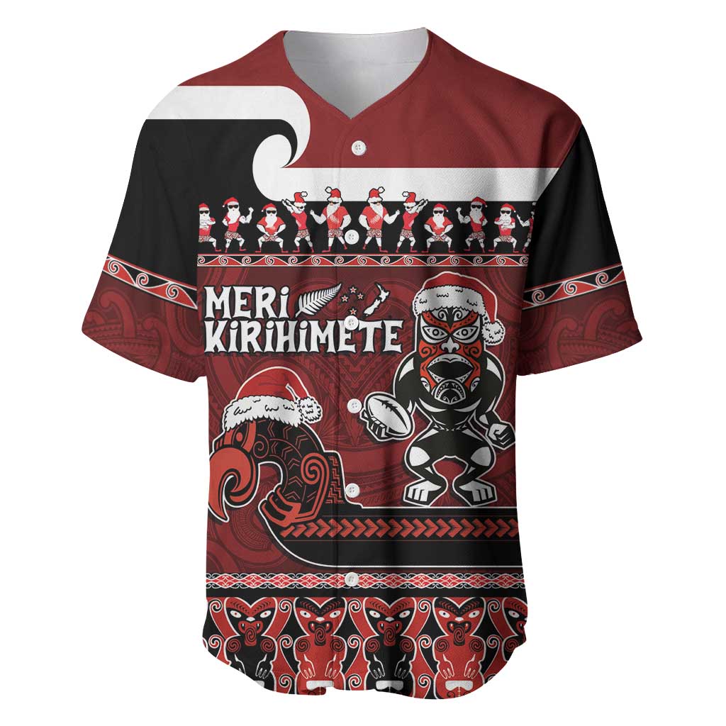 New Zealand Christmas Baseball Jersey Meri Kirihimete Aotearoa Warrior on Waka with Maori Art Tattoo