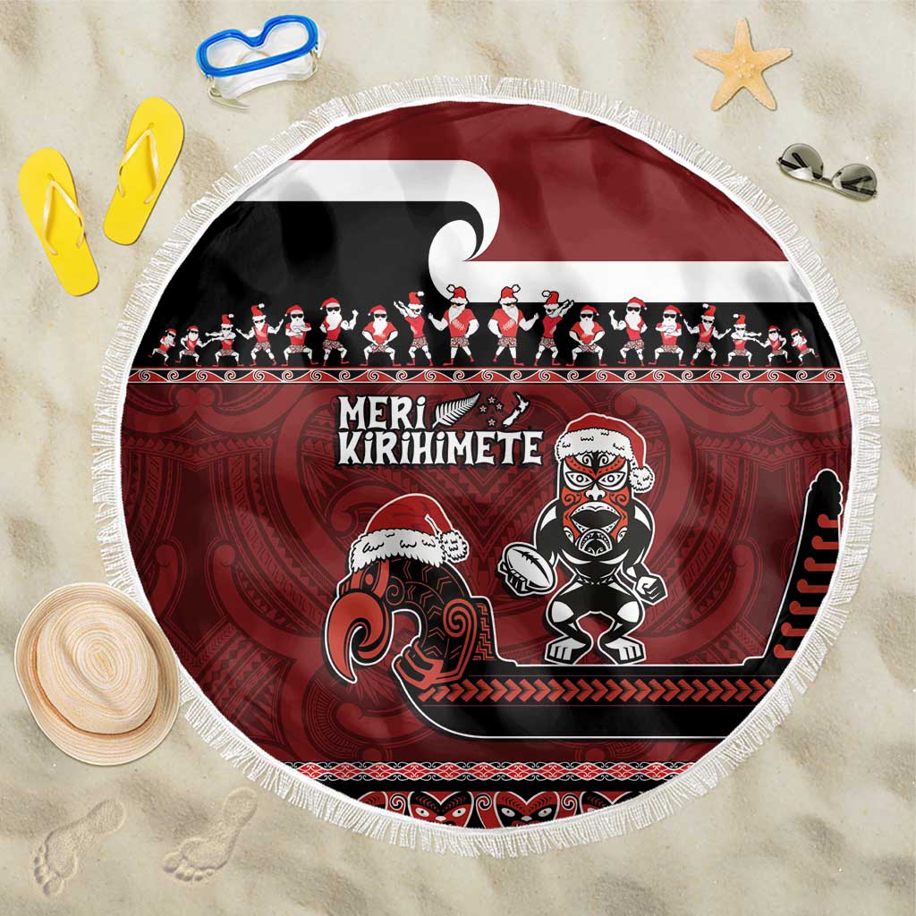 New Zealand Christmas Beach Blanket Meri Kirihimete Aotearoa Warrior on Waka with Maori Art Tattoo