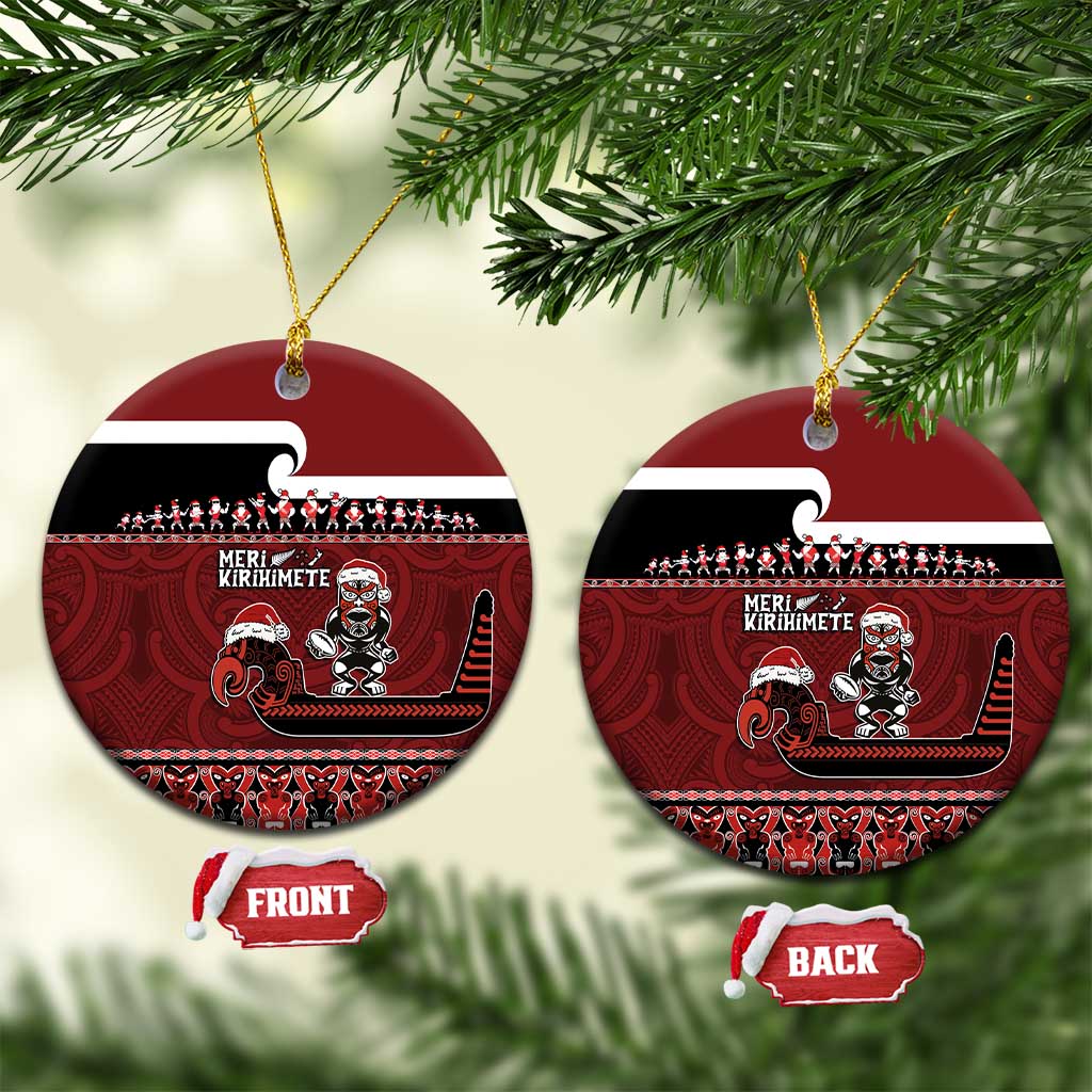 New Zealand Christmas Ceramic Ornament - Meri Kirihimete Aotearoa Warrior on Waka with Maori Art Tattoo LT03 Circle Red - Polynesian Pride