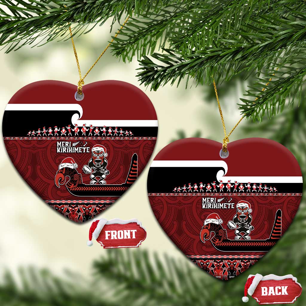 New Zealand Christmas Ceramic Ornament - Meri Kirihimete Aotearoa Warrior on Waka with Maori Art Tattoo
