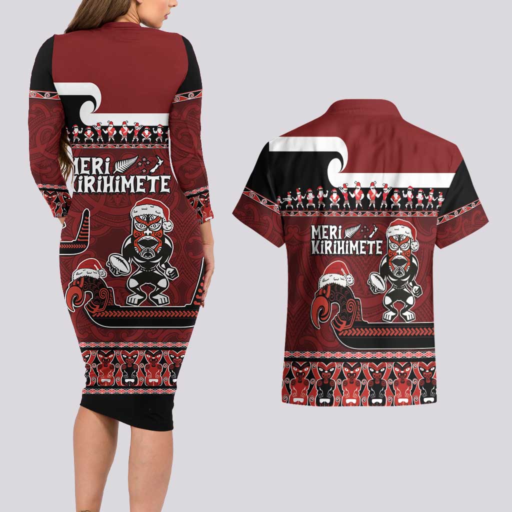 New Zealand Christmas Couples Matching Long Sleeve Bodycon Dress and Hawaiian Shirt Meri Kirihimete Aotearoa Warrior on Waka with Maori Art Tattoo