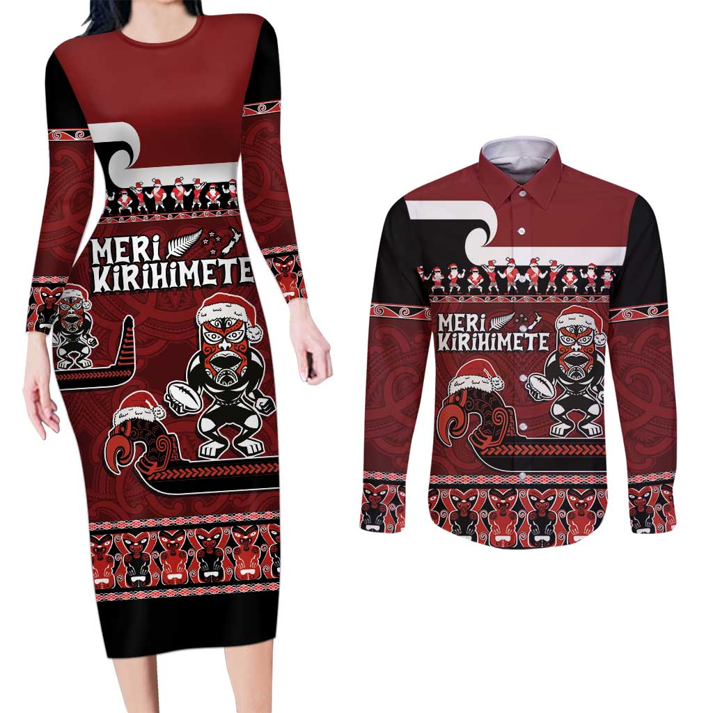 New Zealand Christmas Couples Matching Long Sleeve Bodycon Dress and Long Sleeve Button Shirt Meri Kirihimete Aotearoa Warrior on Waka with Maori Art Tattoo