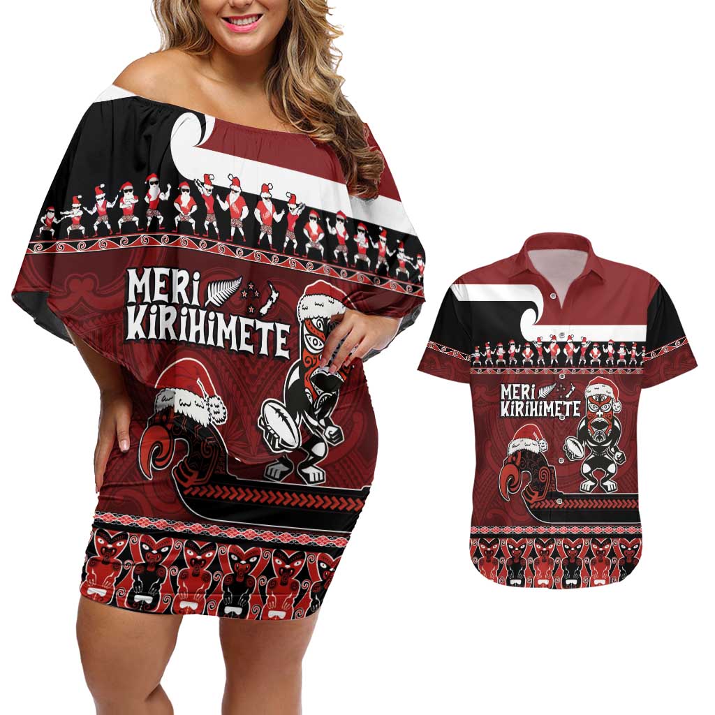 New Zealand Christmas Couples Matching Off Shoulder Short Dress and Hawaiian Shirt Meri Kirihimete Aotearoa Warrior on Waka with Maori Art Tattoo