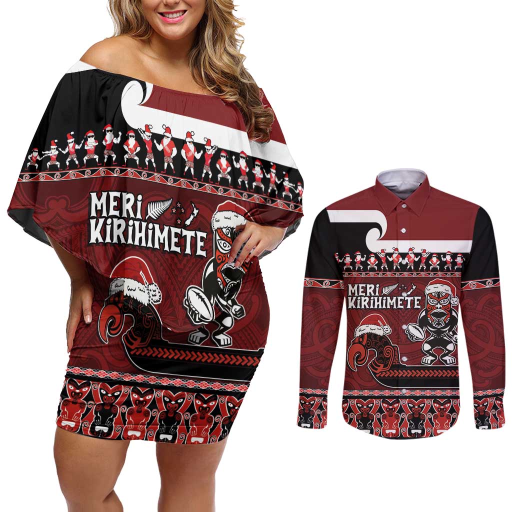 New Zealand Christmas Couples Matching Off Shoulder Short Dress and Long Sleeve Button Shirt Meri Kirihimete Aotearoa Warrior on Waka with Maori Art Tattoo