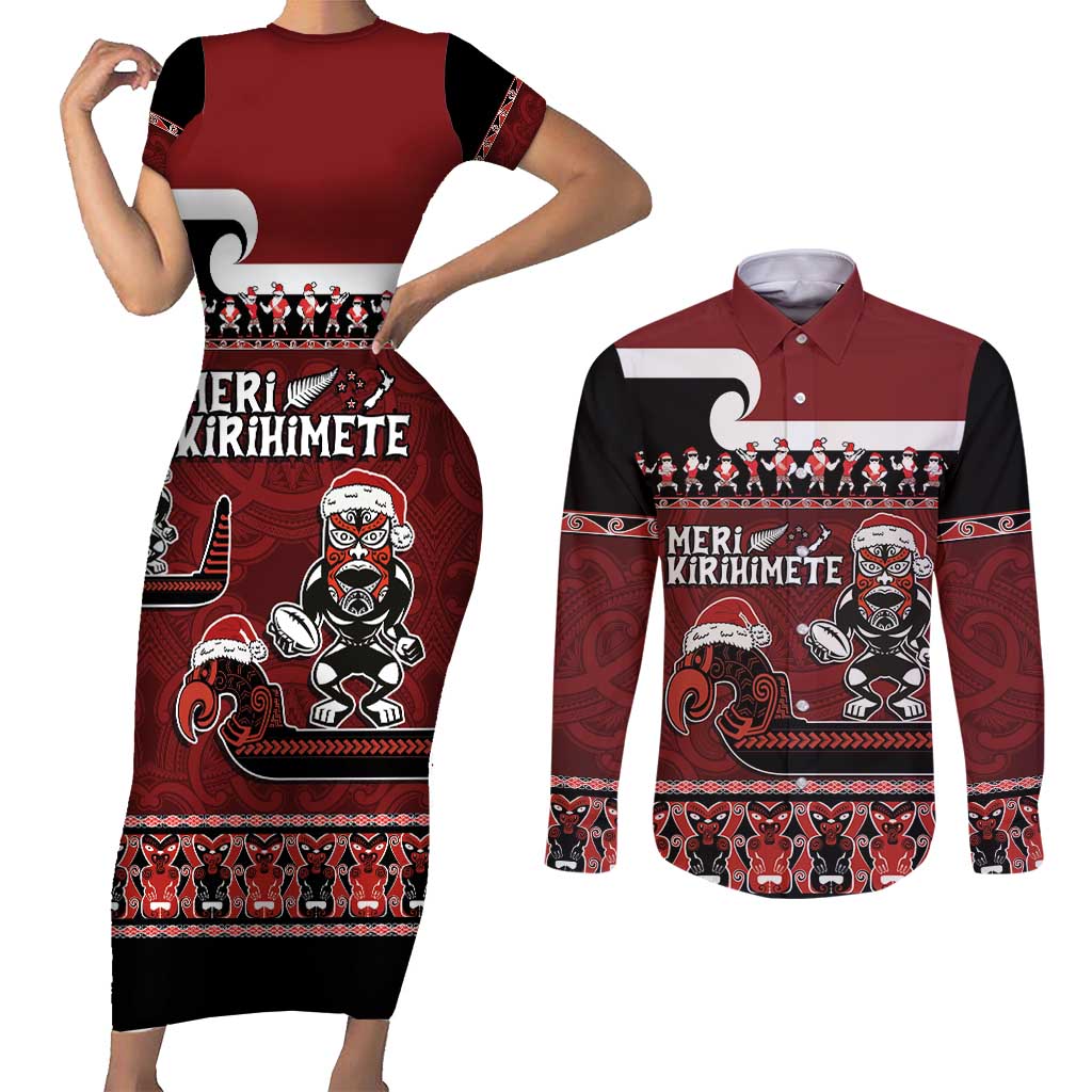 New Zealand Christmas Couples Matching Short Sleeve Bodycon Dress and Long Sleeve Button Shirt Meri Kirihimete Aotearoa Warrior on Waka with Maori Art Tattoo