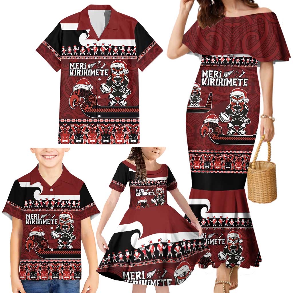 New Zealand Christmas Family Matching Mermaid Dress and Hawaiian Shirt Meri Kirihimete Aotearoa Warrior on Waka with Maori Art Tattoo