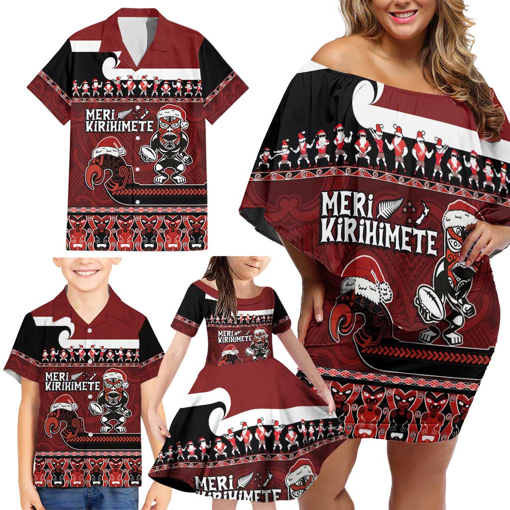 New Zealand Christmas Family Matching Off Shoulder Short Dress and Hawaiian Shirt Meri Kirihimete Aotearoa Warrior on Waka with Maori Art Tattoo