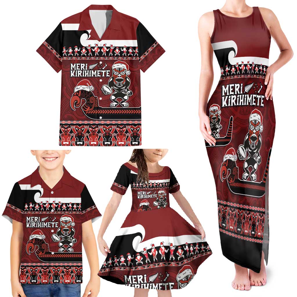 New Zealand Christmas Family Matching Tank Maxi Dress and Hawaiian Shirt Meri Kirihimete Aotearoa Warrior on Waka with Maori Art Tattoo