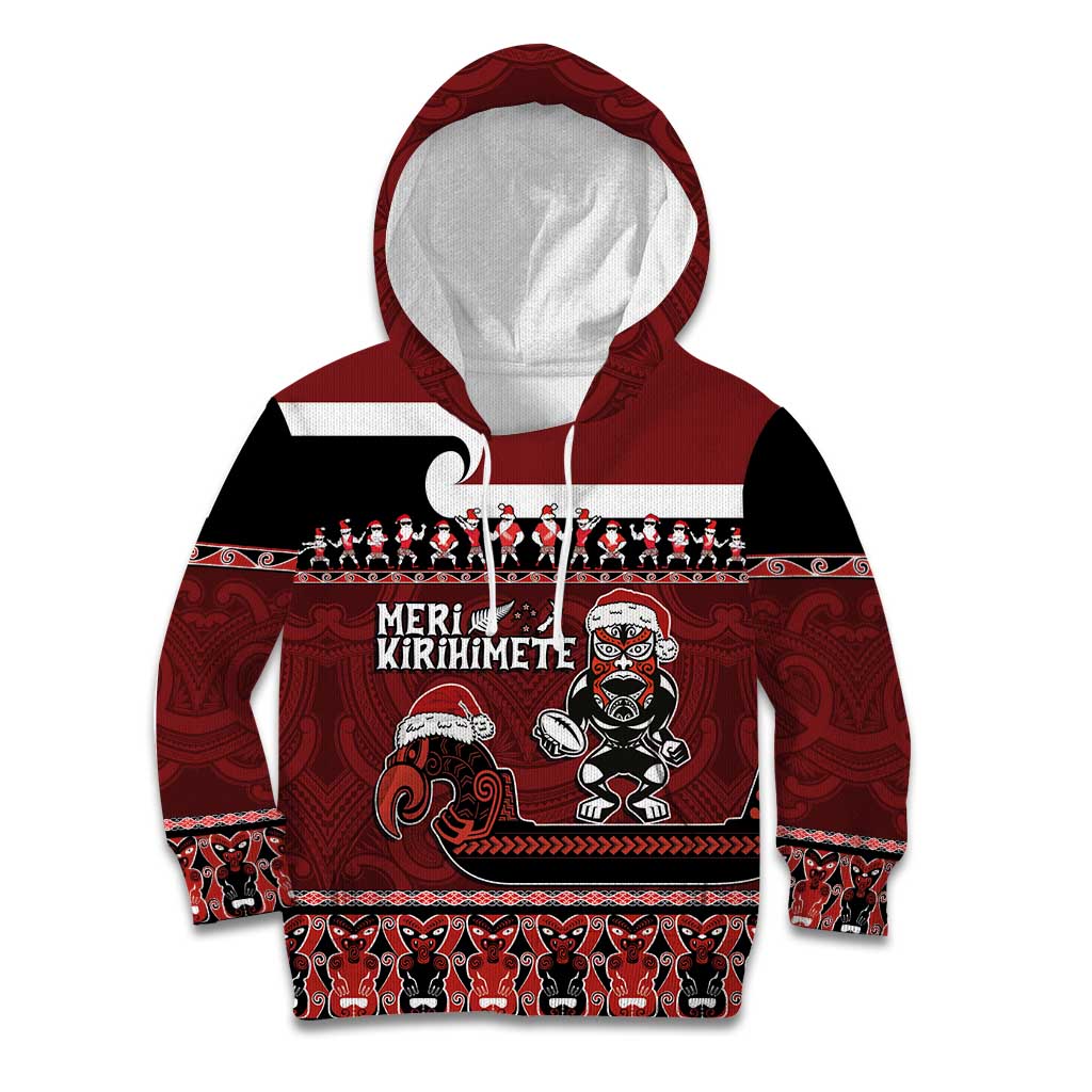 New Zealand Christmas Kid Hoodie Meri Kirihimete Aotearoa Warrior on Waka with Maori Art Tattoo